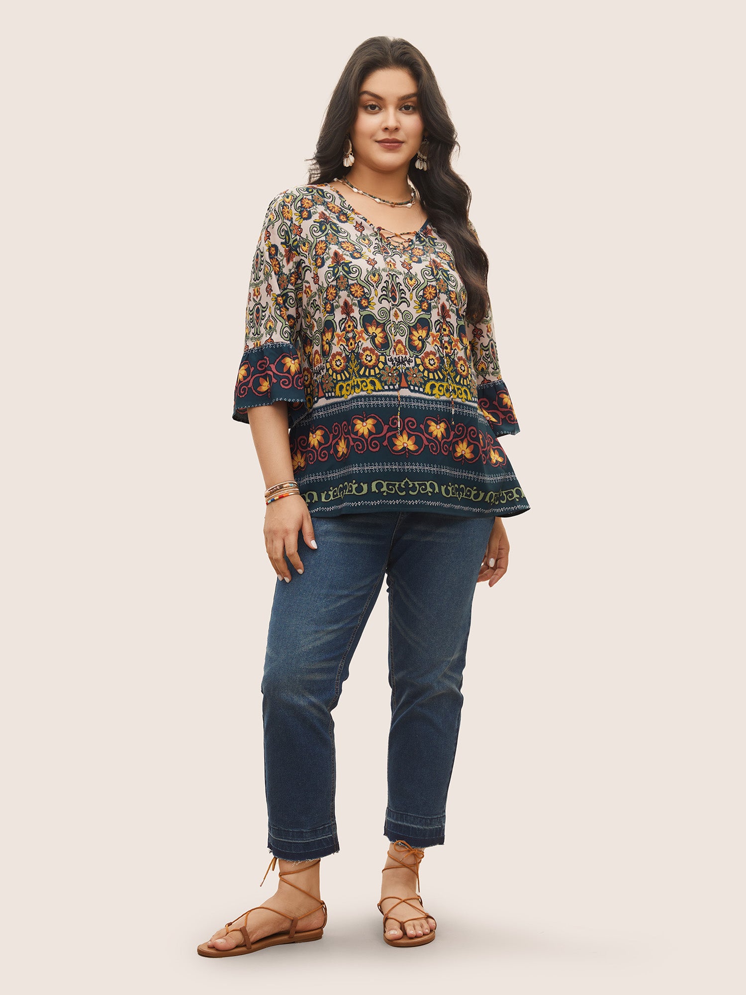 Boho Print Lace Up Bell Sleeve Blouse