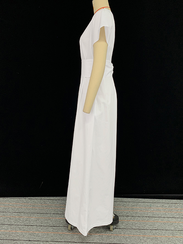 Loose Raglan Sleeve Pleated Solid Color Split-Joint Zipper Round-Neck Jumpsuits