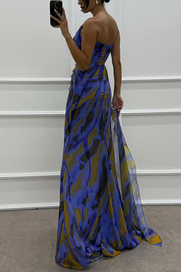 Blue Print Feather Off Shoulder Pleated Slit Maxi Dress