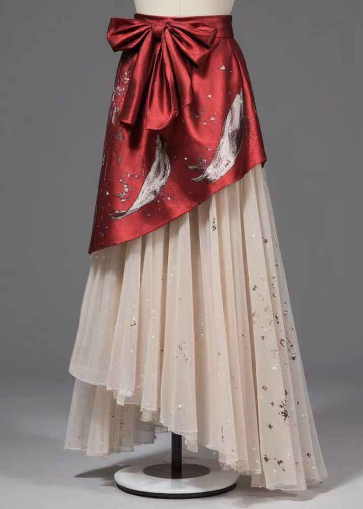 Unique Red Lace Up High Waist Patchwork Chiffon Skirt Summer