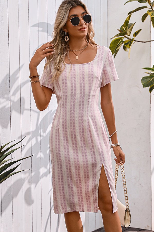 Stripe Printed Square Neck Split Side Casual Dress
