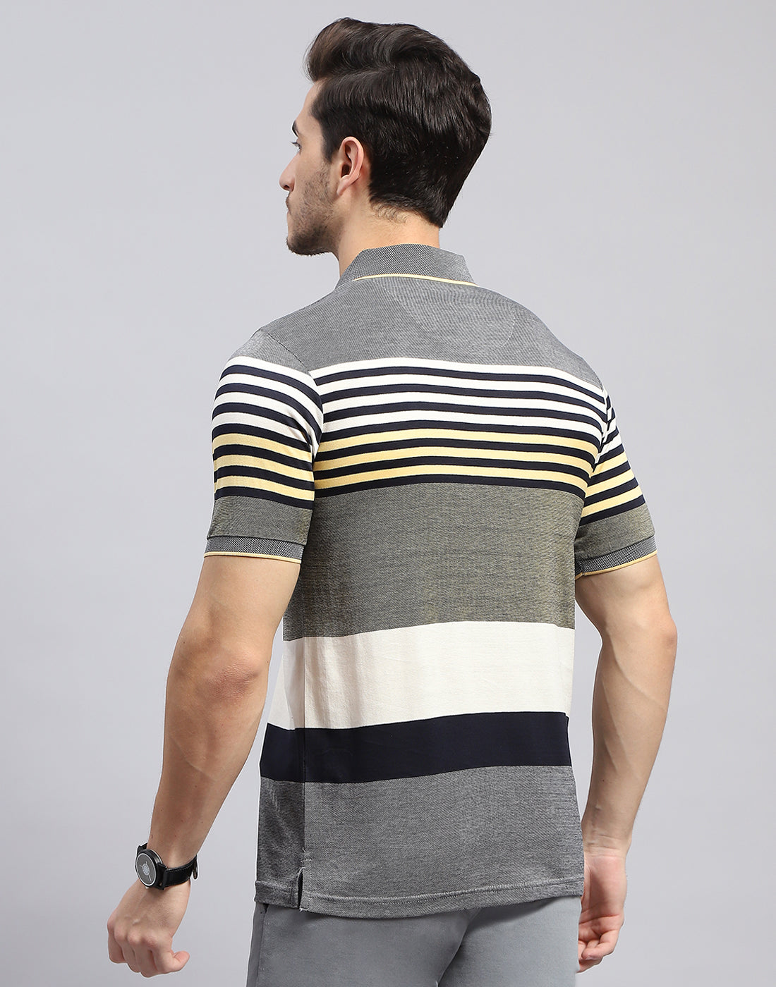 Men Grey Stripe Polo Collar Half Sleeve T-Shirt