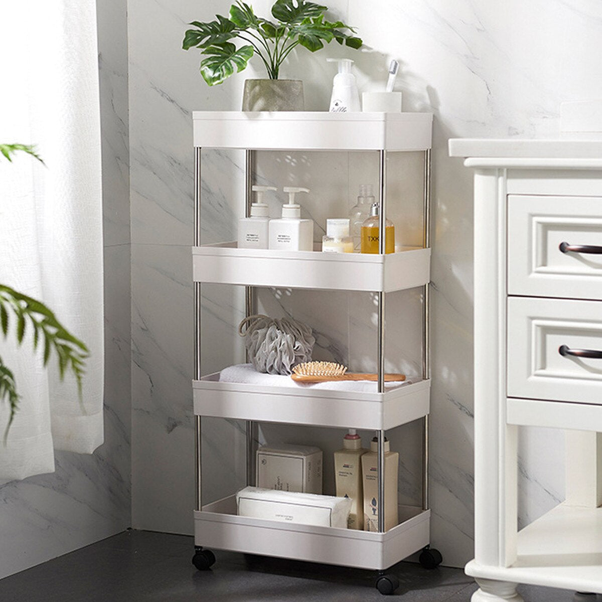 4 Layer Gap Kitchen Storage Rack Slim Slide Tower Movable Assemble Plastic Bathroom Shelf Wheels