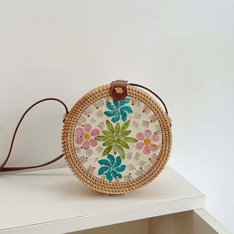 Women's Medium Rattan Floral Elegant Magnetic Buckle Dome Bag