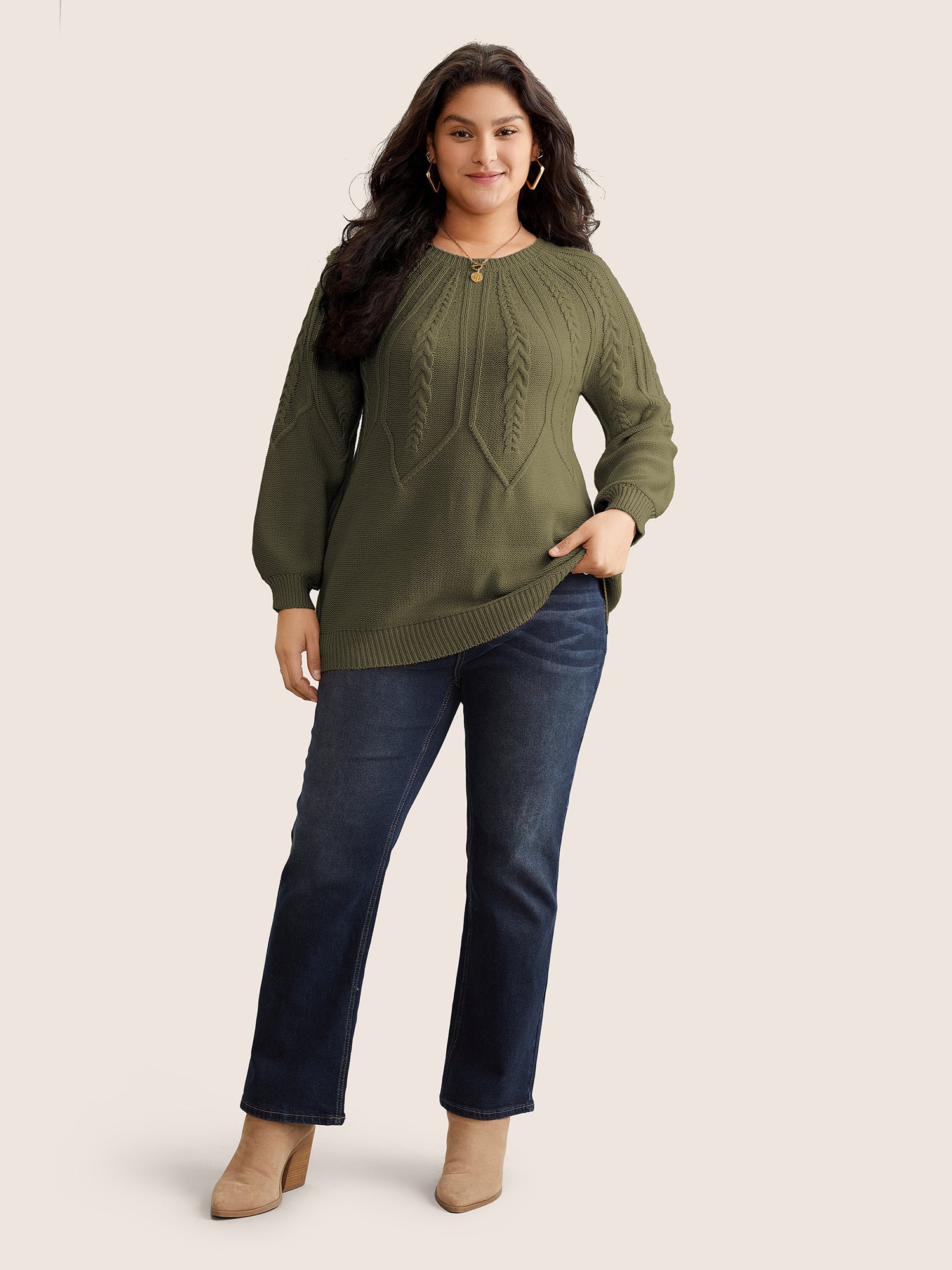 Solid Textured Lantern Sleeve Pullover