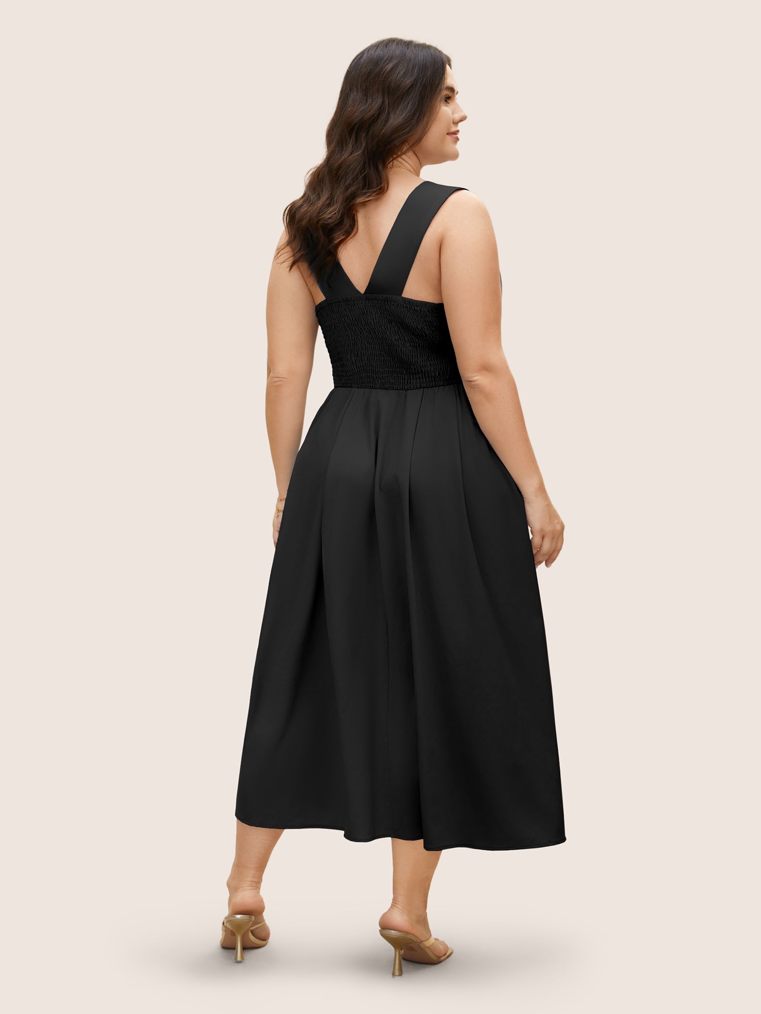 Heart Neckline Crossover Shirred Midi Dress
