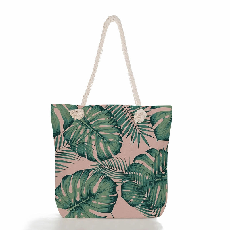 Green Leaf Printed Cotton Rope Bag Large Capacity Shoulder Bag Student Book Tote Bag Printable Logo