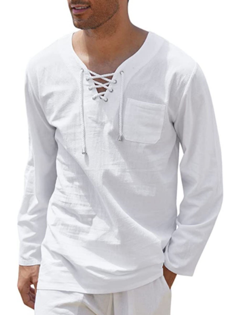 7-pack Woven Cotton And Linen Fashion Casual Lace-up V-neck Long Sleeve Shirt Top