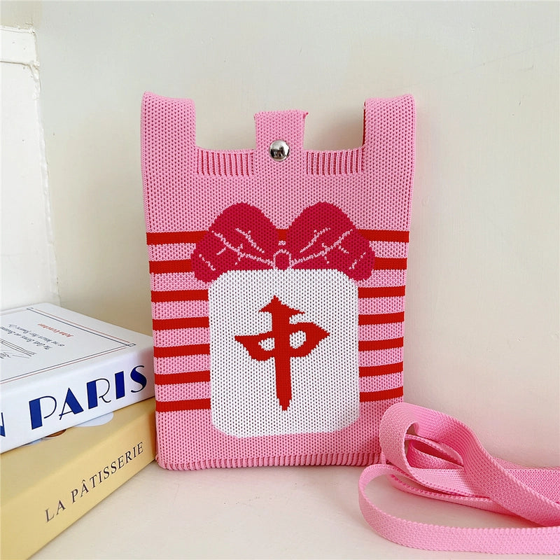 Women's Small Knit Cartoon Cute Bucket Lock Clasp Phone Wallets
