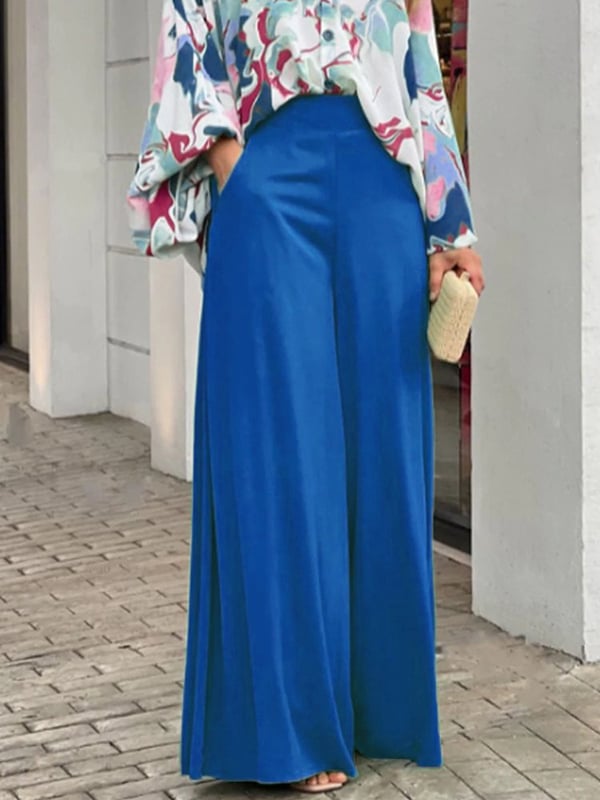Long Sleeves Floral Printed Blouses + High-Waisted Solid Color Wide Leg Pants Trousers Two Pieces Set