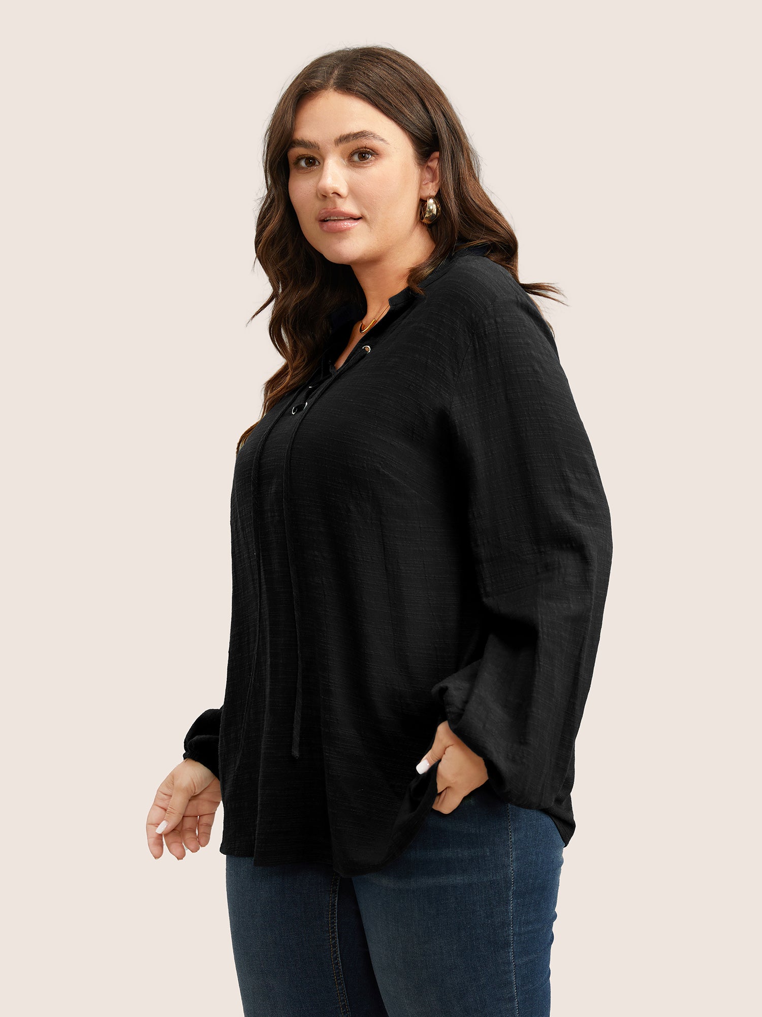 Plain Lace Up Lantern Sleeve Blouse