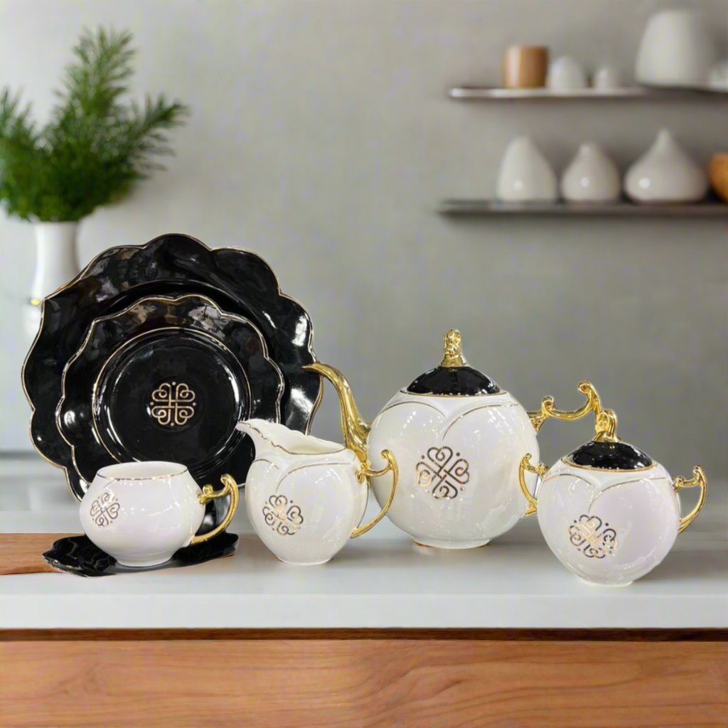 MODERN CERAMIC FLORAL TEASET (WHITE & BLACK)