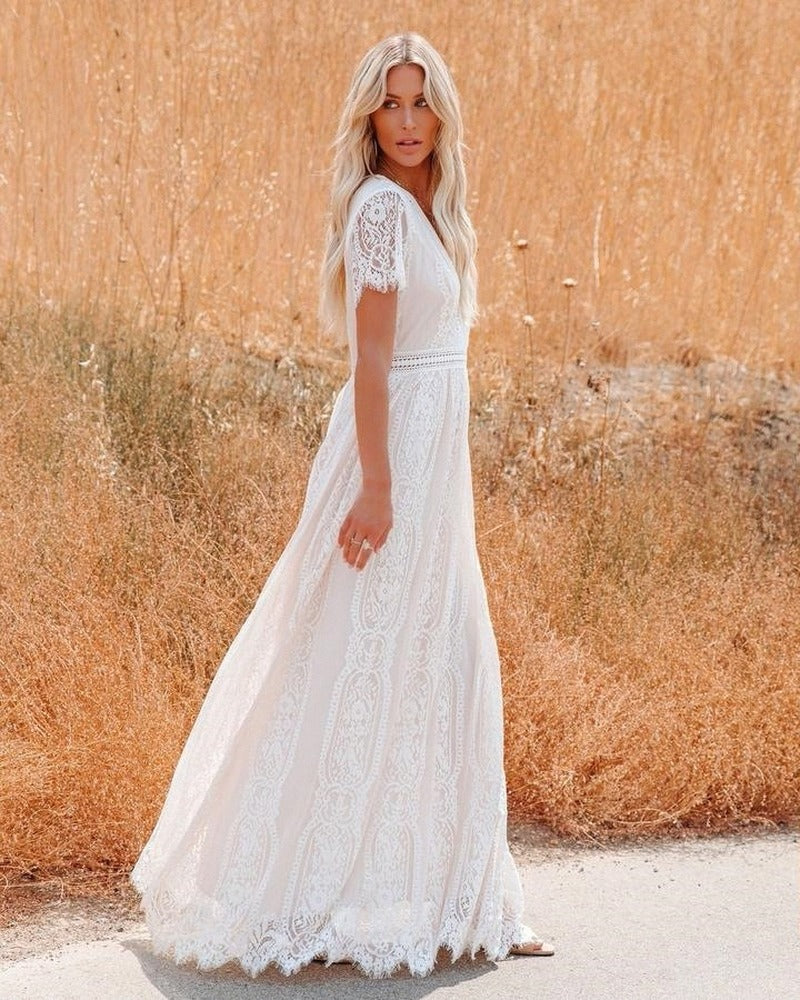 Boho Dress for Women|Bohemian Dress|Midi Boho Dress| Deep V-neck Lace Hollow Out Bohemian Maxi Dress Vintage Lady White Boho Dresses|Wedding Guest Dress