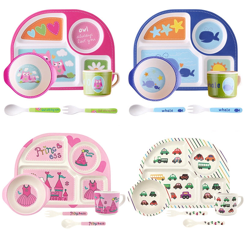 Creative Bamboo Fiber Children's Tableware Set 5-Piece Set Kindergarten Baby Eating Grid Plate Cartoon Rice Bowl