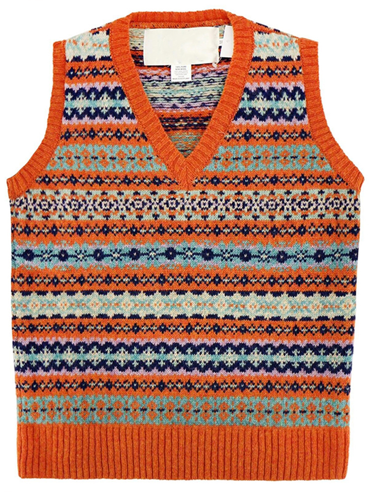 Vintage Geometric Pattern Icelandic Knitted V-Neck Vest Sweater