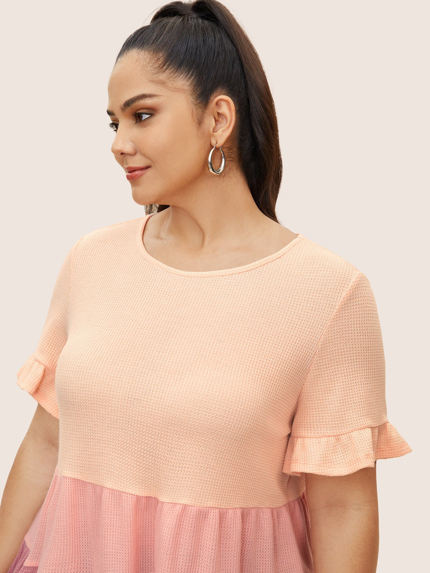 Waffle Knit Contrast Ruffle Layered Hem T-shirt
