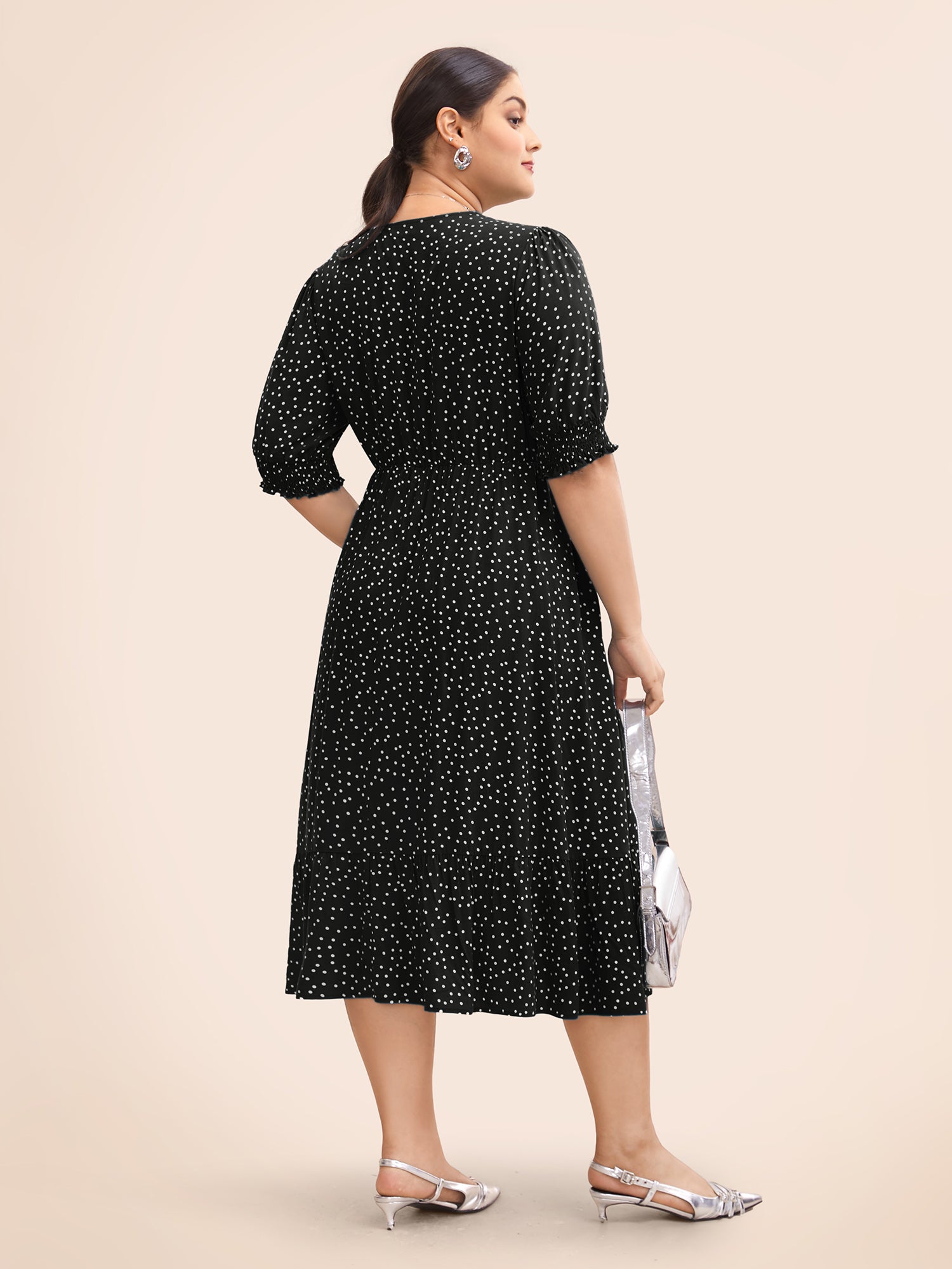 Polka Dot Shirred Pocket Flutter Hem Dress