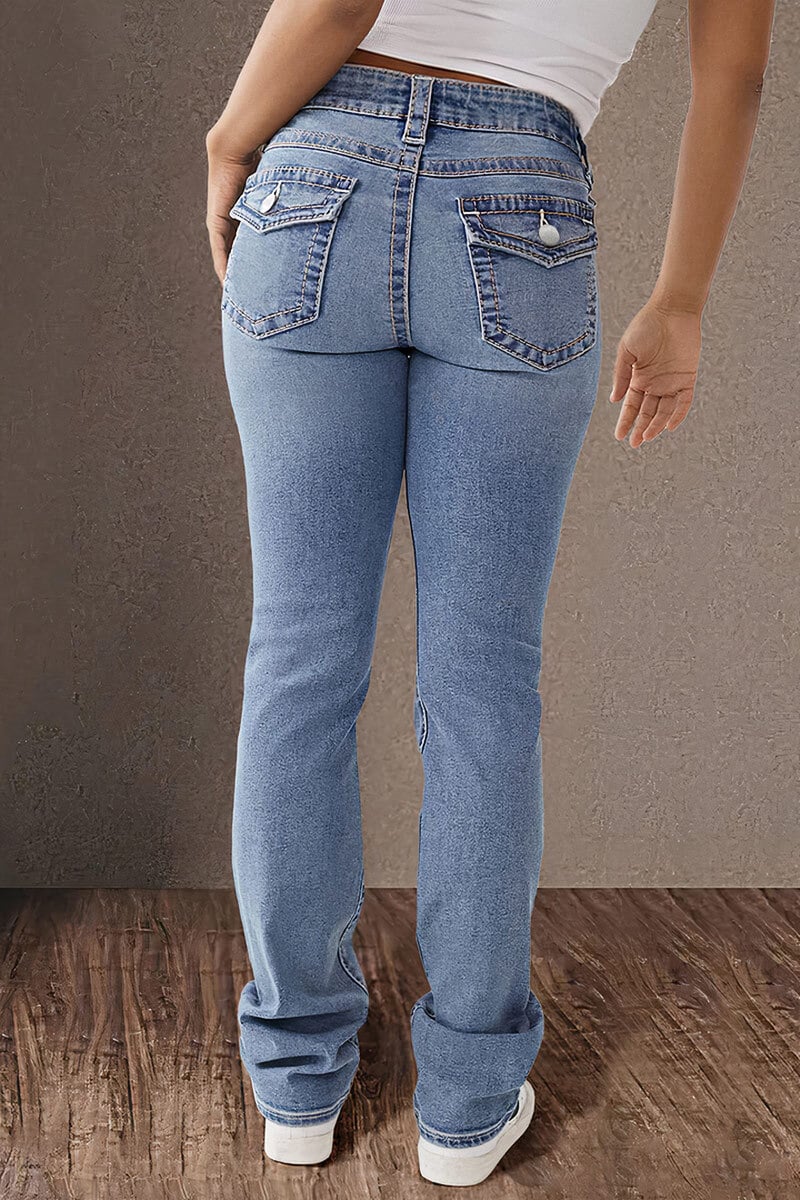 Final Sale!!⚡6 Packs for $24.86⚡ - Wash Double Button Flap Pocket Mid Waist Straight Leg Jeans