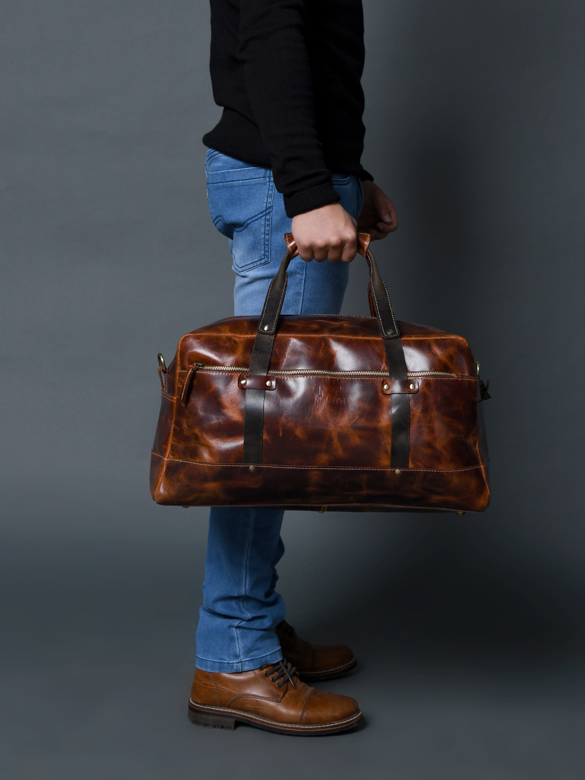 Espresso Elegance Carry on Duffle. Saddle Tan