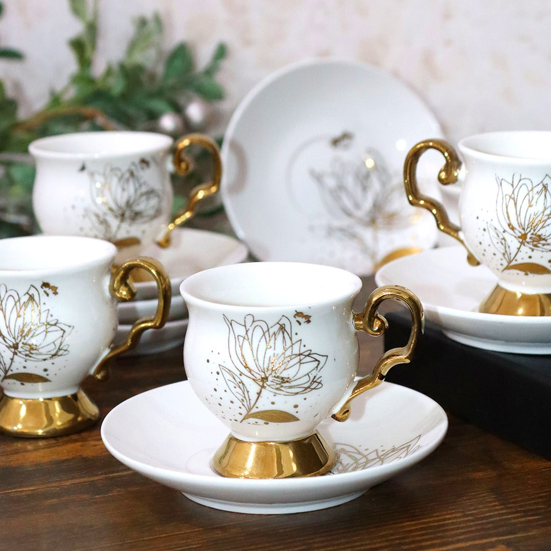 Golden Petals Porcelain Coffee Cups & Saucers Set (6pcs)