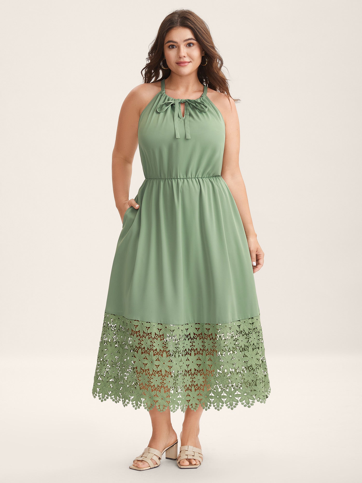 Lace Cut-Out Stretchy Waist Midi Dress