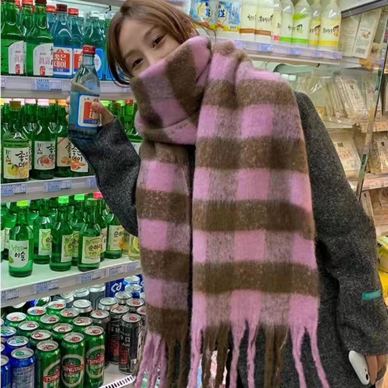 Plaid Tassel Mohair Scarf Women's Spring Students Travel Fashionable Sticker Casual Scarf