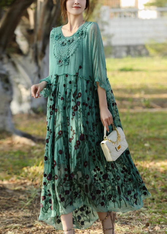 Stylish Lake Green Embroidered Patchwork Silk Long Dress Half Sleeve