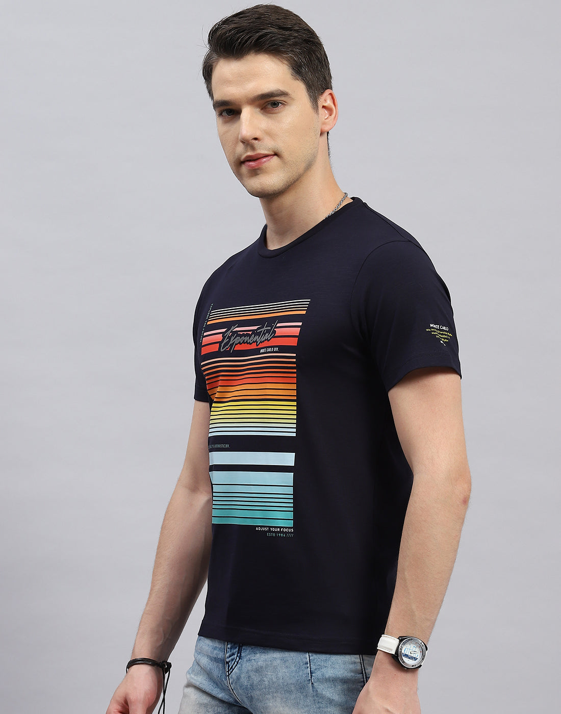 Men Navy Blue Printed Round Neck Half Sleeve T-Shirt