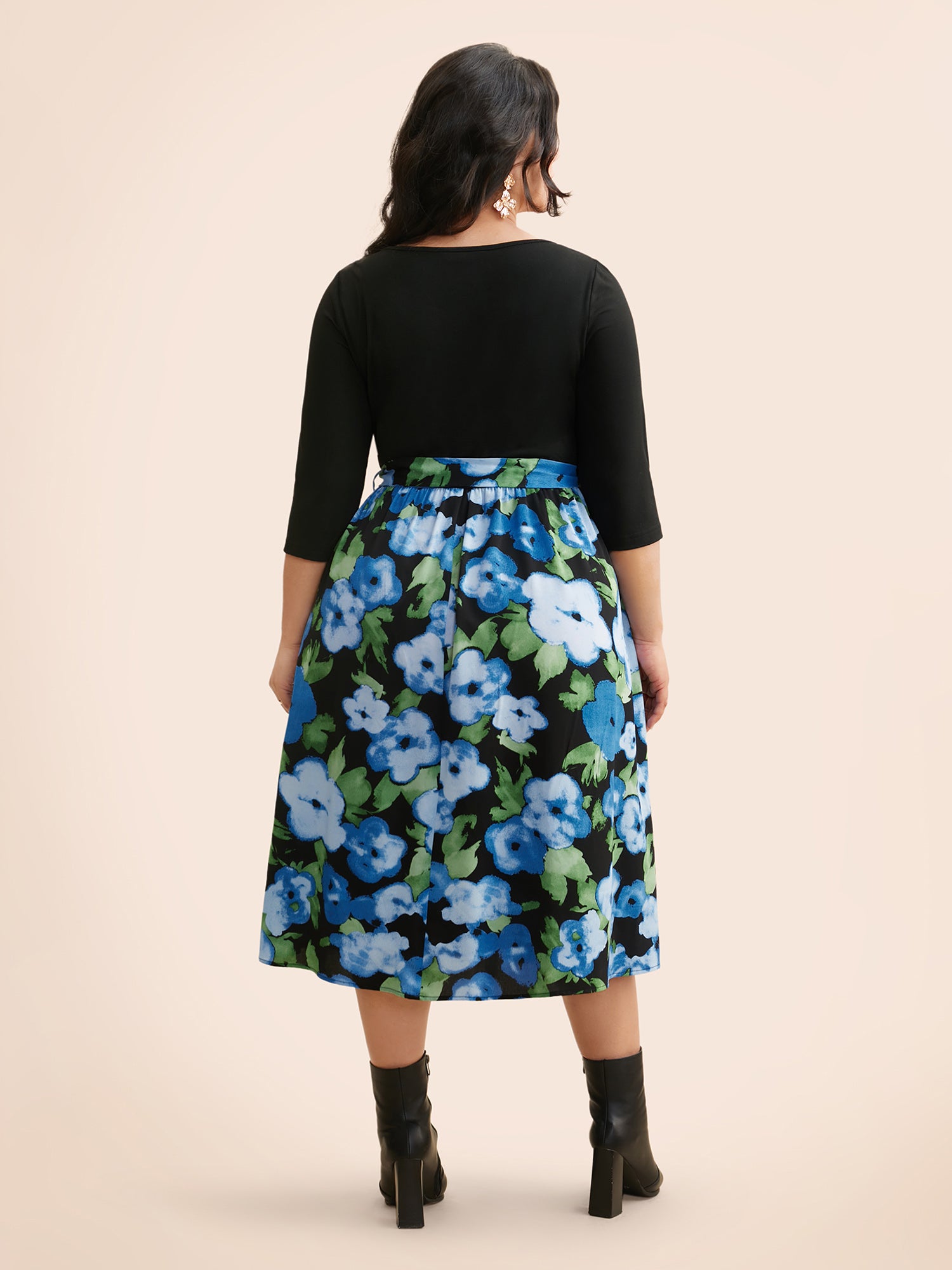 Round Neck Floral Patchwork Belted Dress