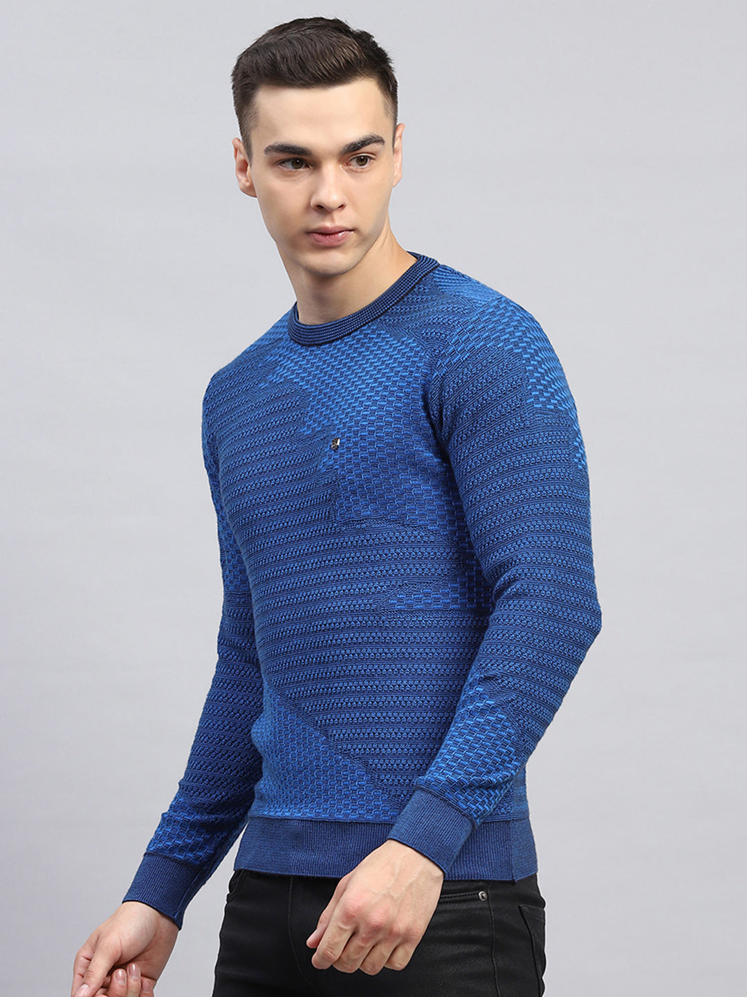 Men Blue Self Design Round Neck Full Sleeve Pullover