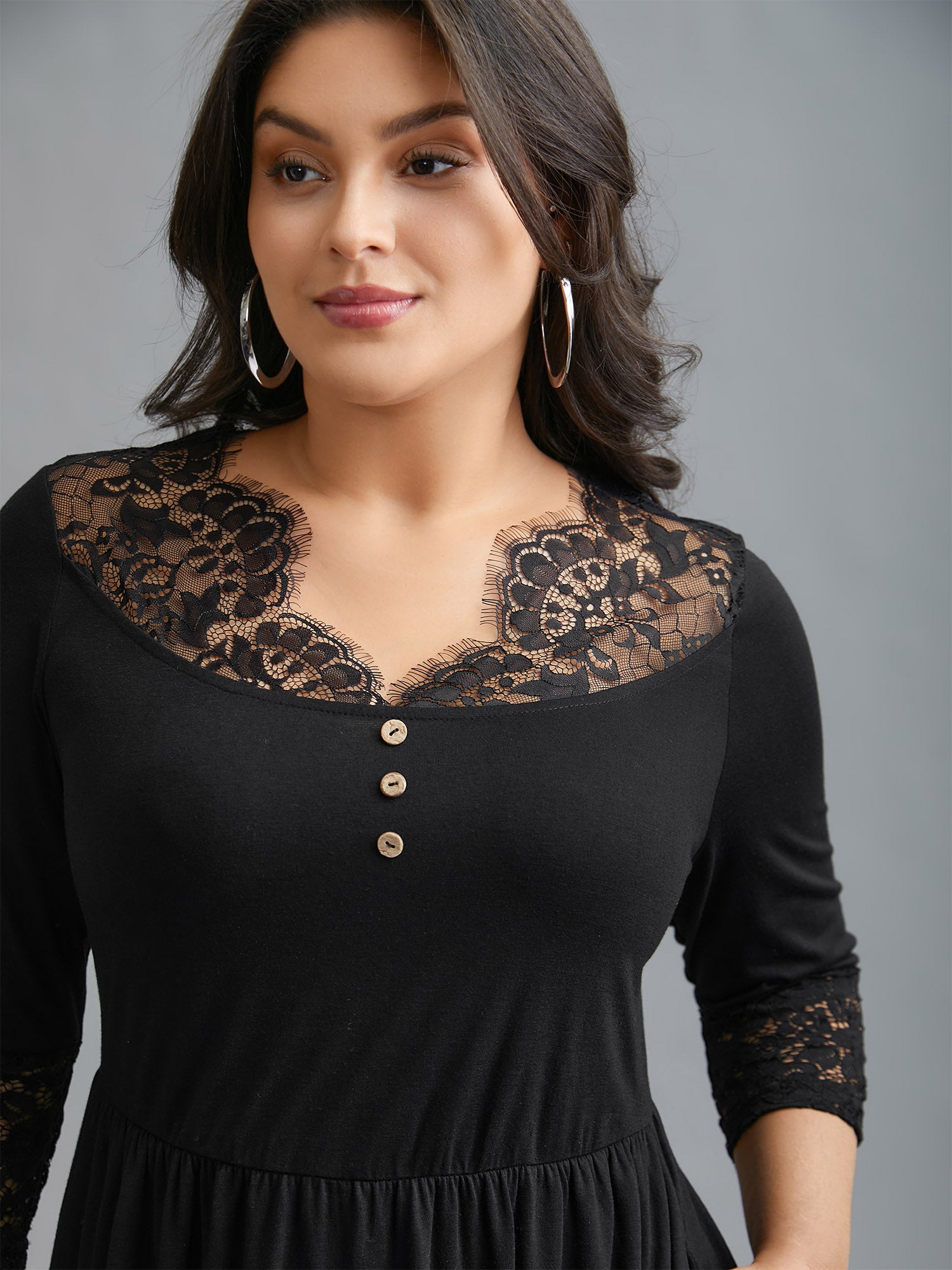 Lace Trim Stitch Button Detail Dress