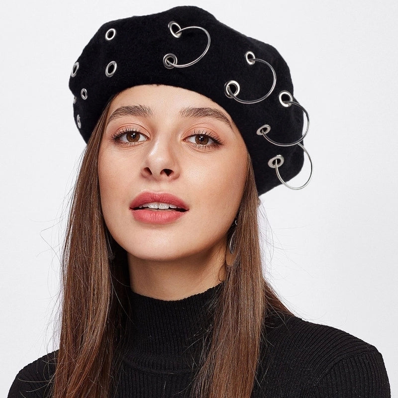 Women's Retro Punk Streetwear Solid Color Metal Eaveless Beret Hat
