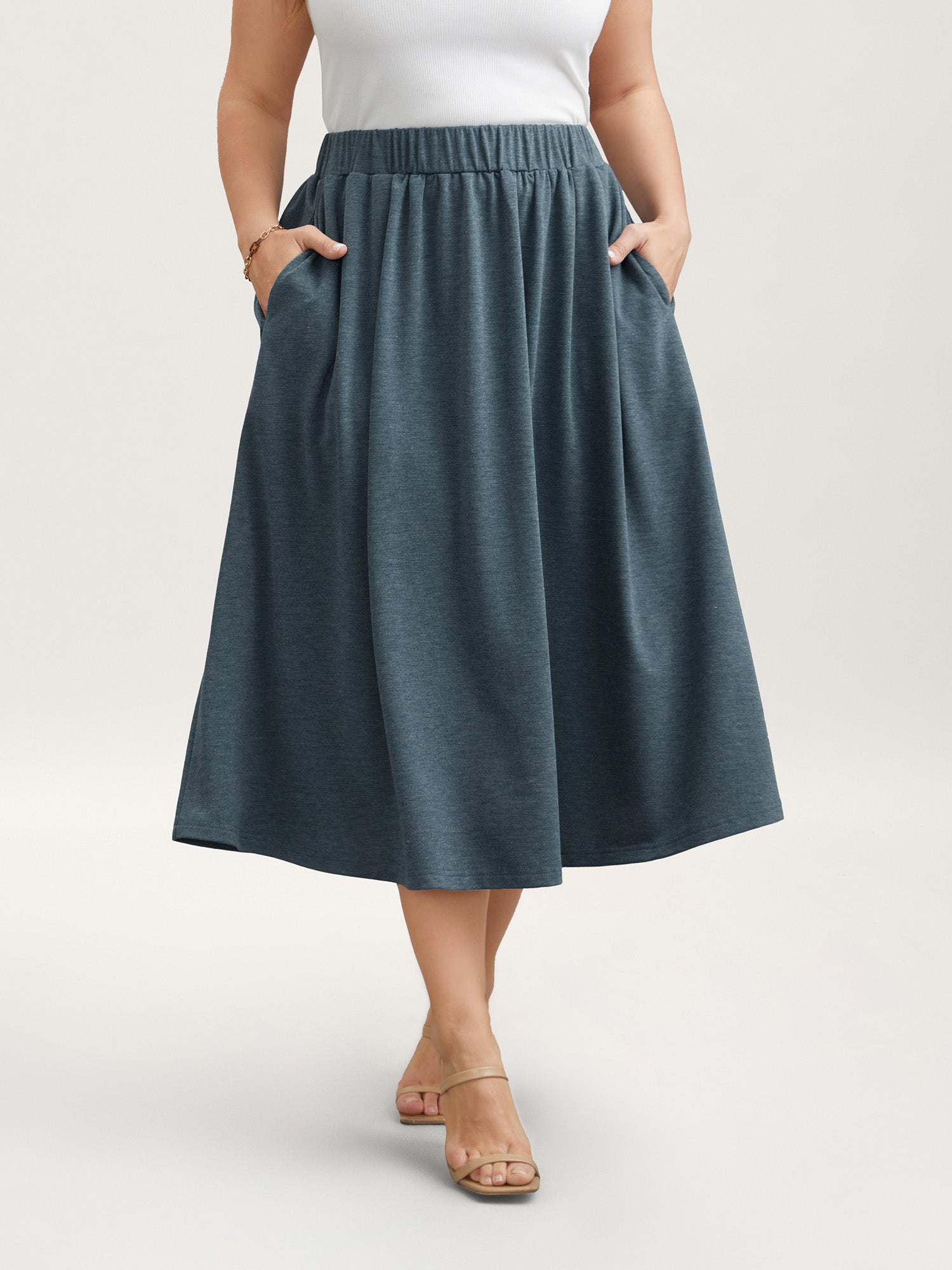 Heather Stretchy-Waist Pleated Midi Skirt