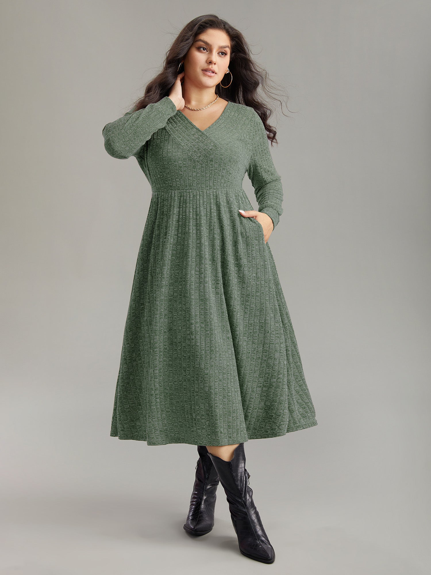 Rib Knit Plain Plisse Long Sleeve Dress