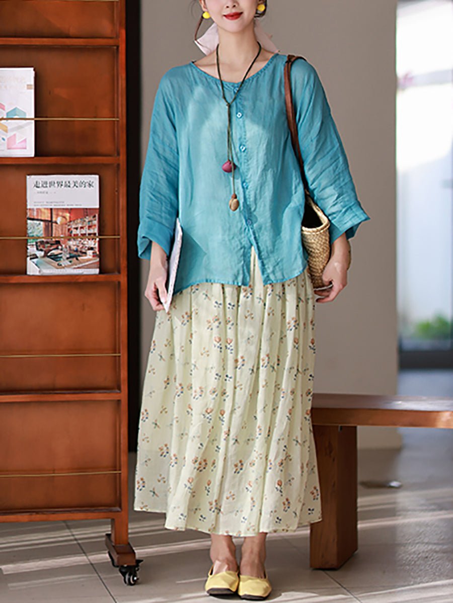 Women Summer Artsy Pure Color O-Neck 100%Ramie Shirt