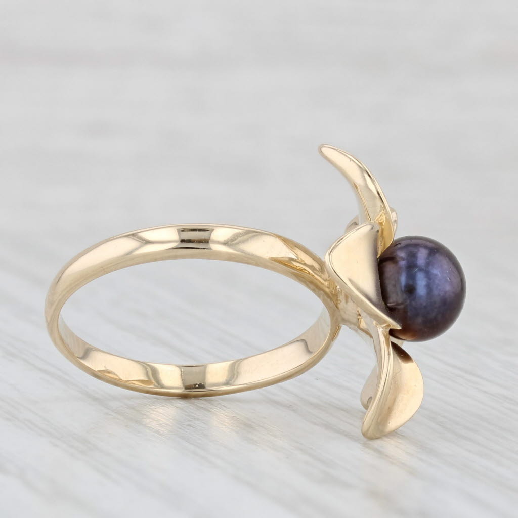 Black Cultured Pearl Flower Ring 14k Yellow Gold Size 6 Floral Statement