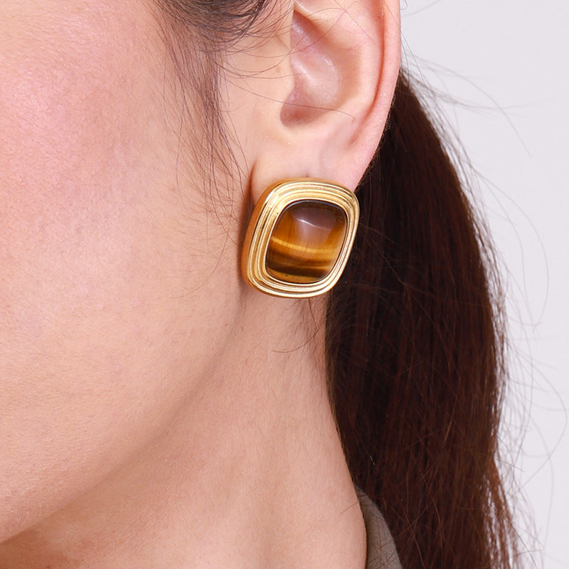 Titanium Steel Earrings Earrings Tiger Eye Stone Earrings Autumn And Winter Earrings