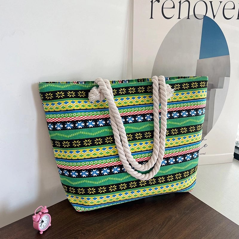 Women's Medium Canvas Geometric Stripe Streetwear Sewing Thread Square Zipper Tote Bag