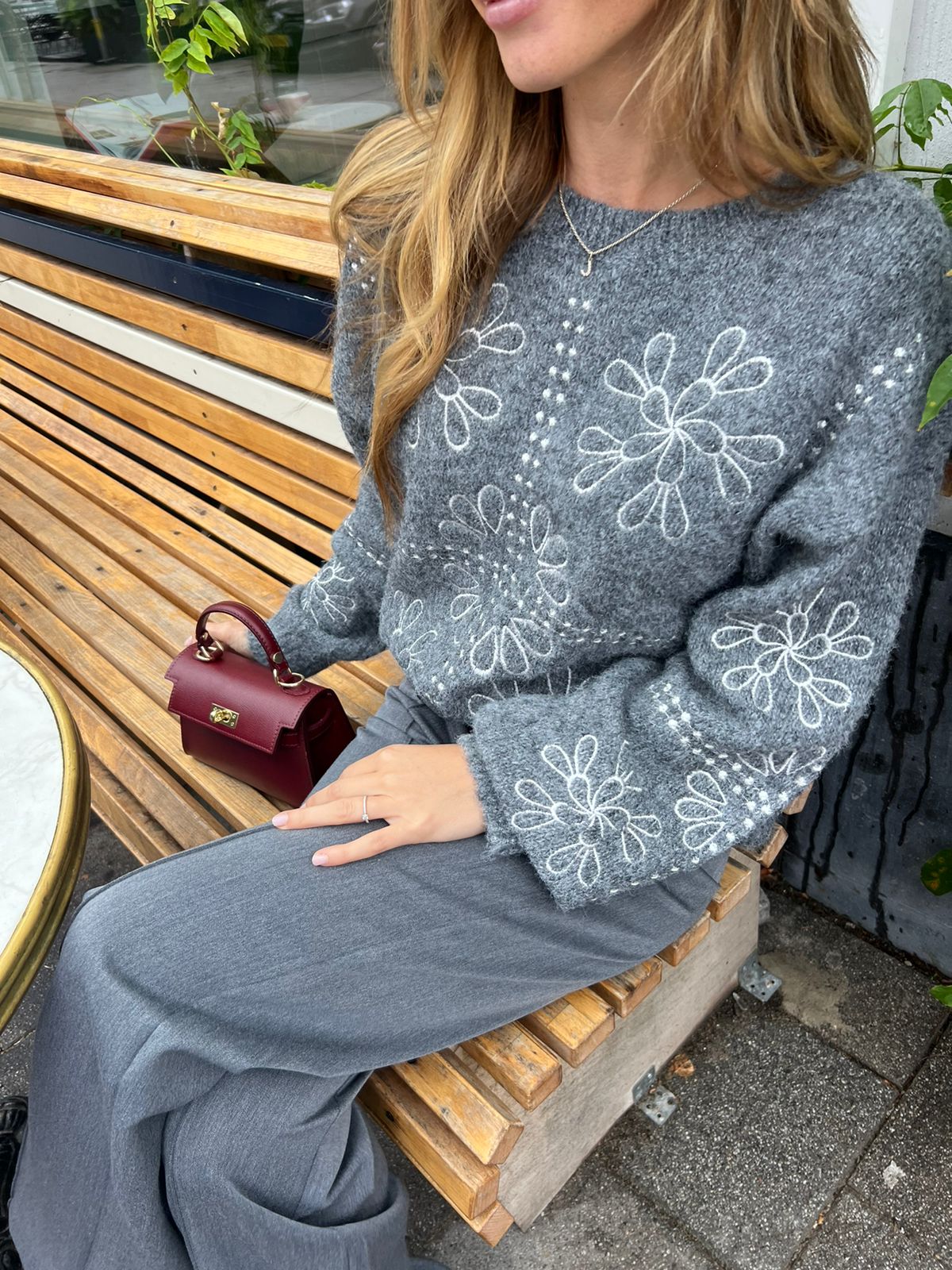 Ella Flower Broderie Sweater Grey
