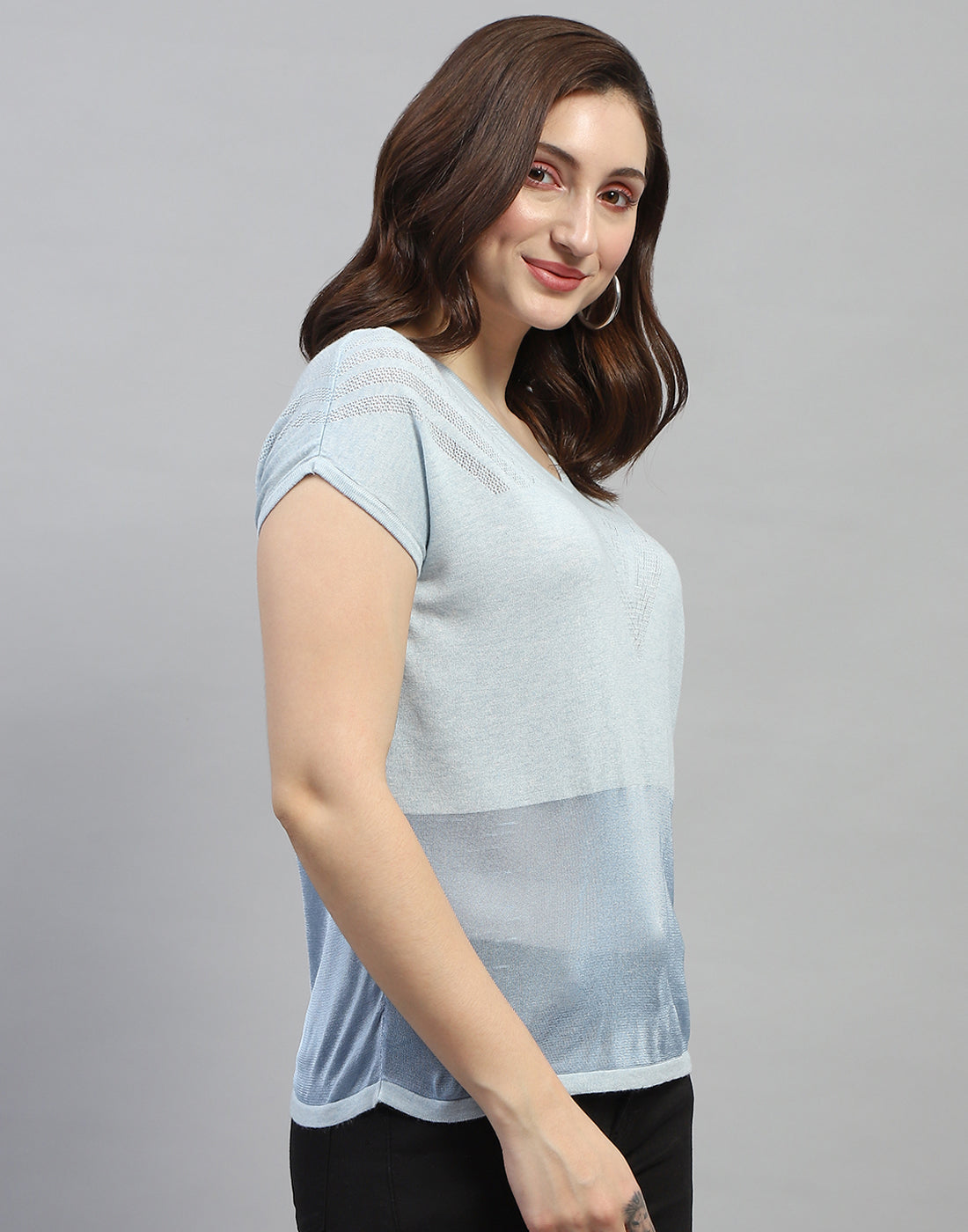 Women Sky Blue Self Design Round Neck Half Sleeve Top