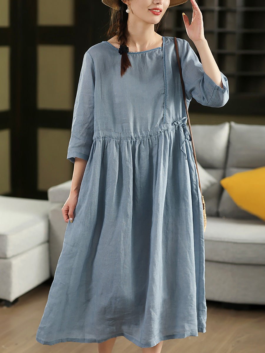 Women Summer Pure Color O-Neck 100%Ramie Dress
