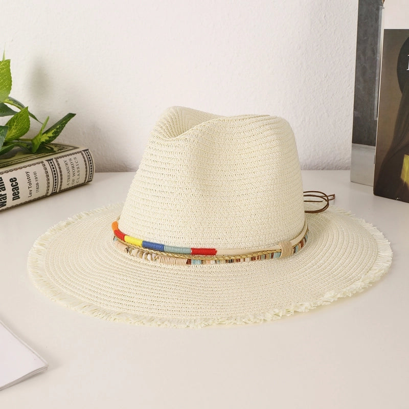 Women's Casual Vacation Beach Solid Color Beaded Big Eaves Straw Hat