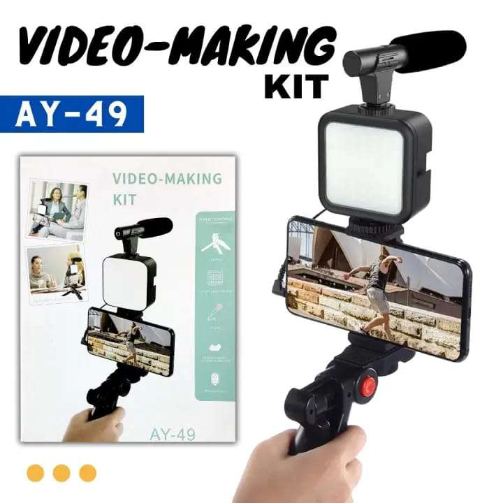 Vlogging Kit for Video Making (Mini Tripod Stand. Mic. LED Light & Phone Holder Clip)