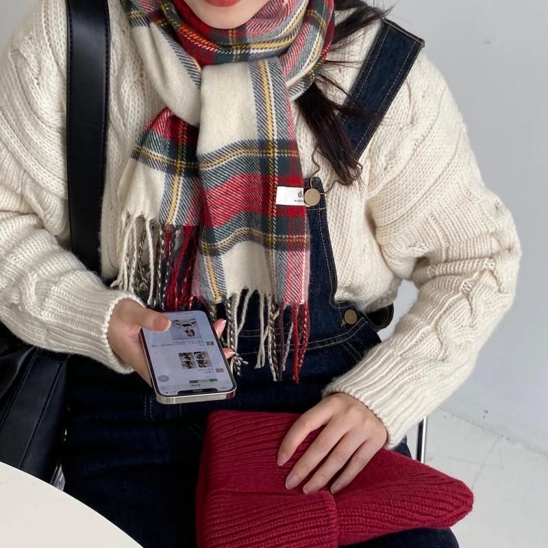 Red Plaid Scarf Autumn And Winter Short Casual Plaid Cashmere Scarf For Women