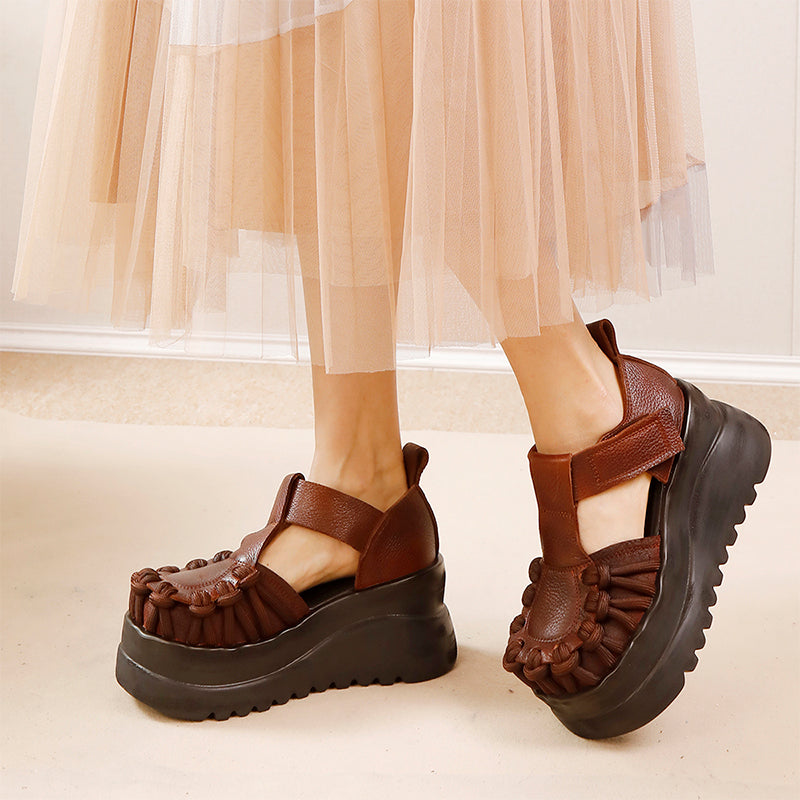 80mm Heel Fashion Chunky Platform T-Strap Cow Leather Sandals in Black/Brown