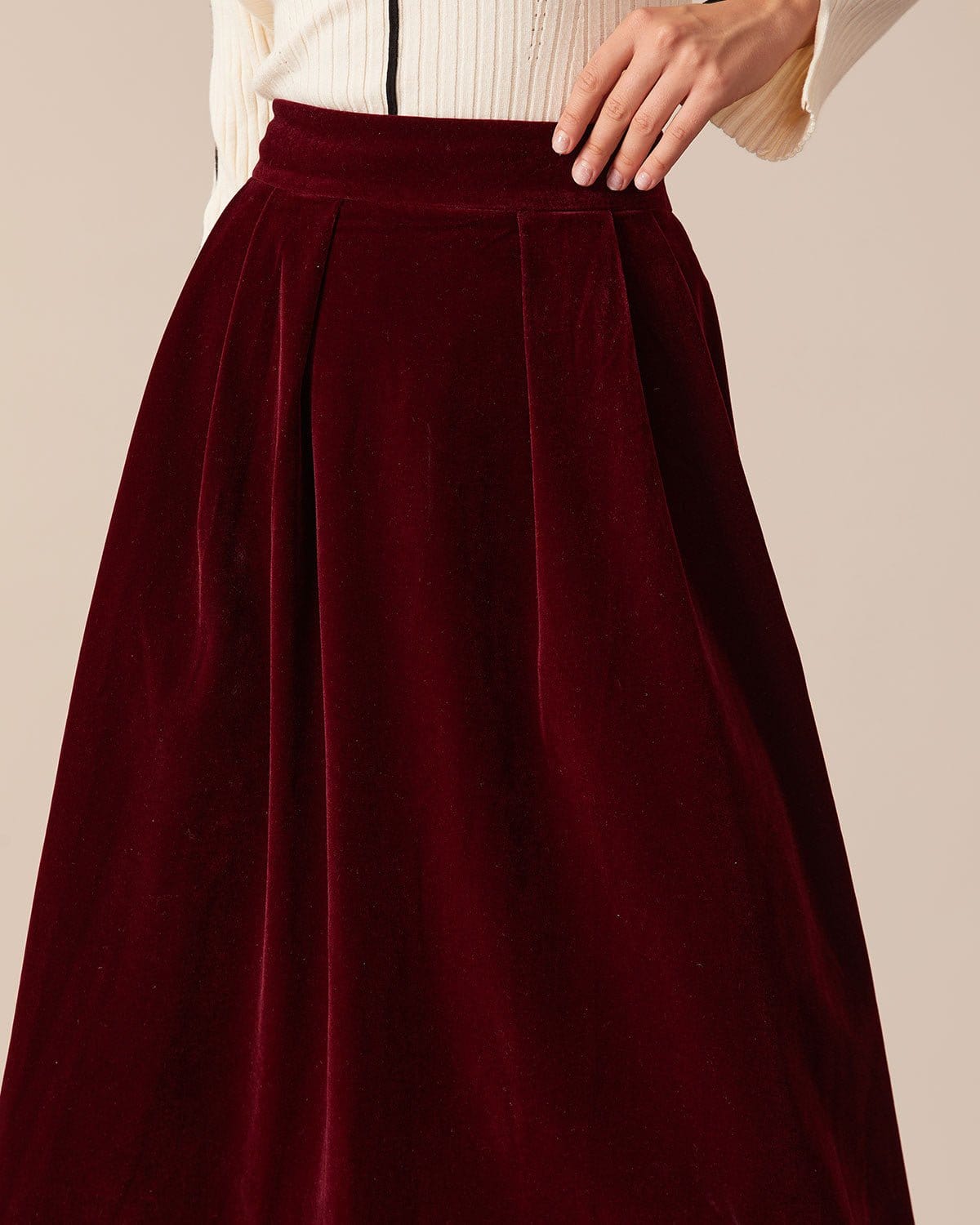 The Red High Waisted Velvet Midi Skirt