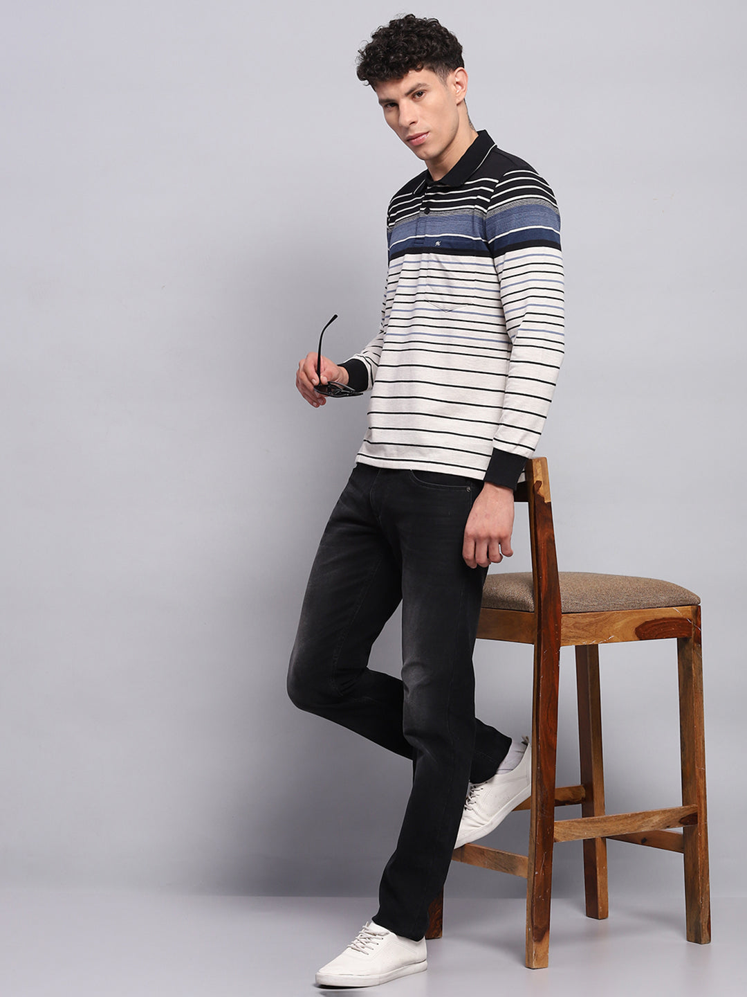 Men Black & White Stripe Collar Full Sleeve Winter T-Shirt