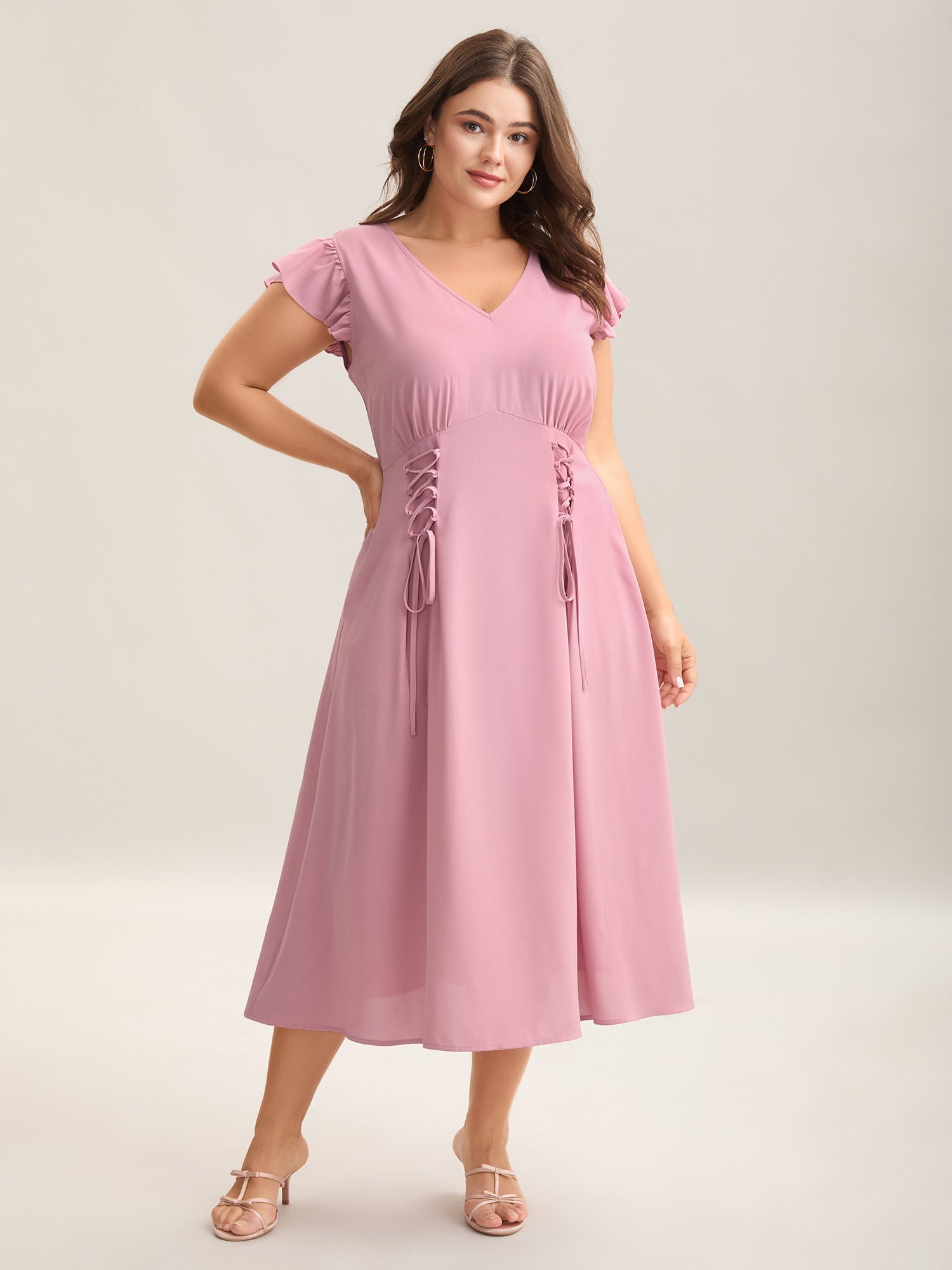 Tie-Up Panels Solid Pockets Midi Dress