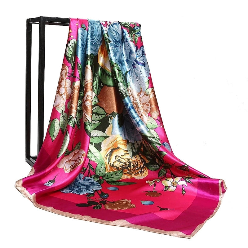 High Wo Silk Scarf Imitation Silk Satin 90cm Square Scarf Plant Flowers Fashion Scarf Women's Wish