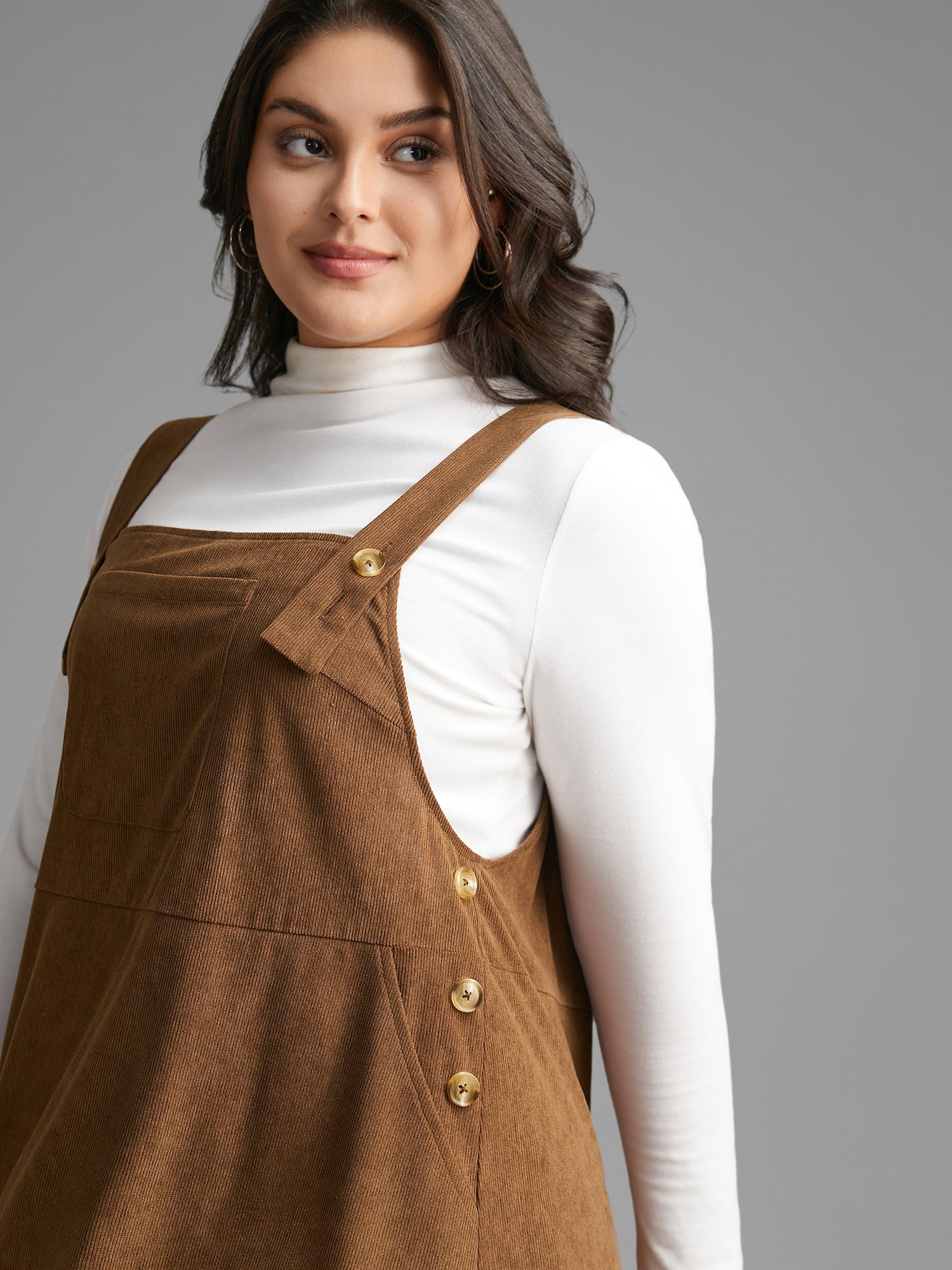 Corduroy Patched Pocket Button Detail Dress